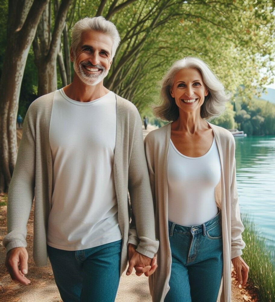 couple holding hands and walking on a path next to a river