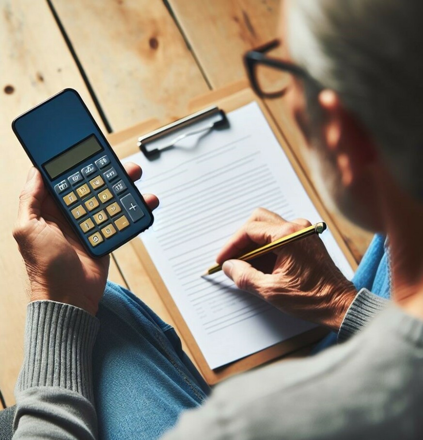 man holding a calculator and writing on paper